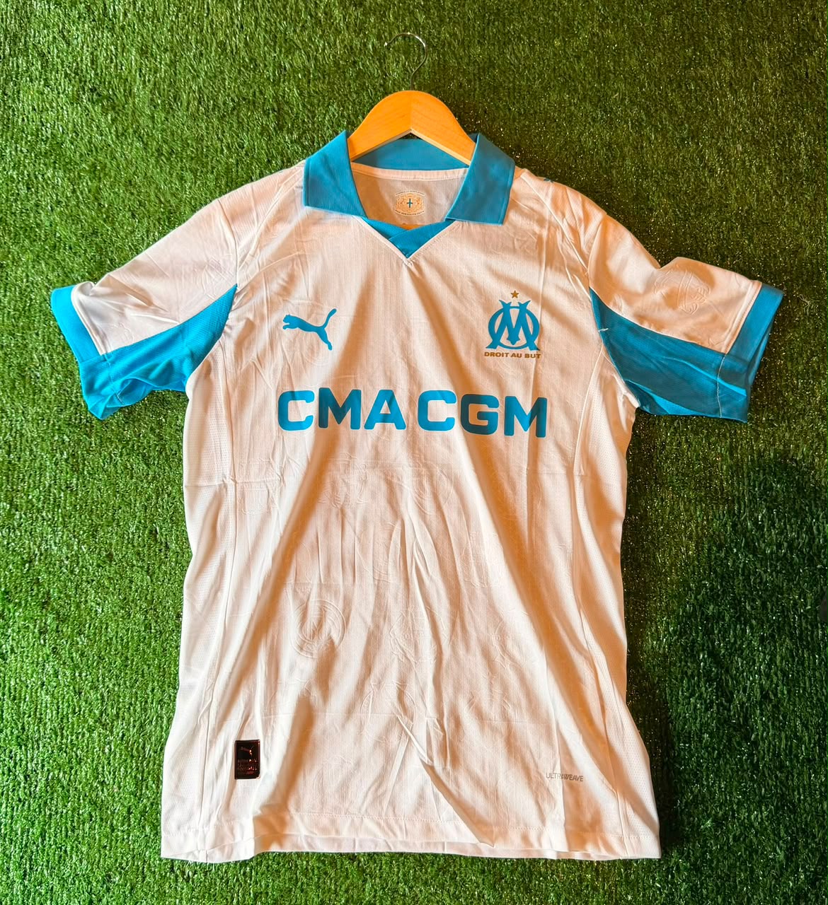Camiseta Olympique de Marsella · blanca y turquesa · CMA CGM
